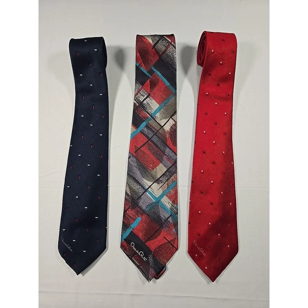 Tie Lot Of 3 Oscar De La Renta Designer‎ 100% Silk Men's Blue Red Signature